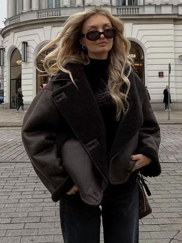 Brown Oversized Women's Winter Coat with Teddy Lining