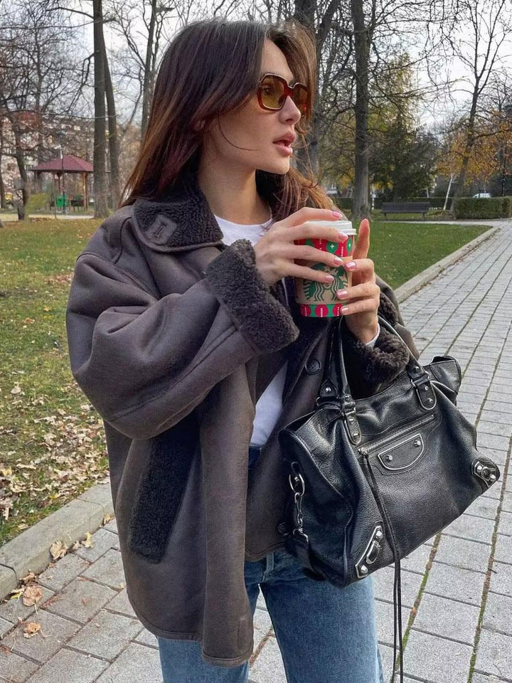 Brown Oversized Women's Winter Coat with Teddy Lining