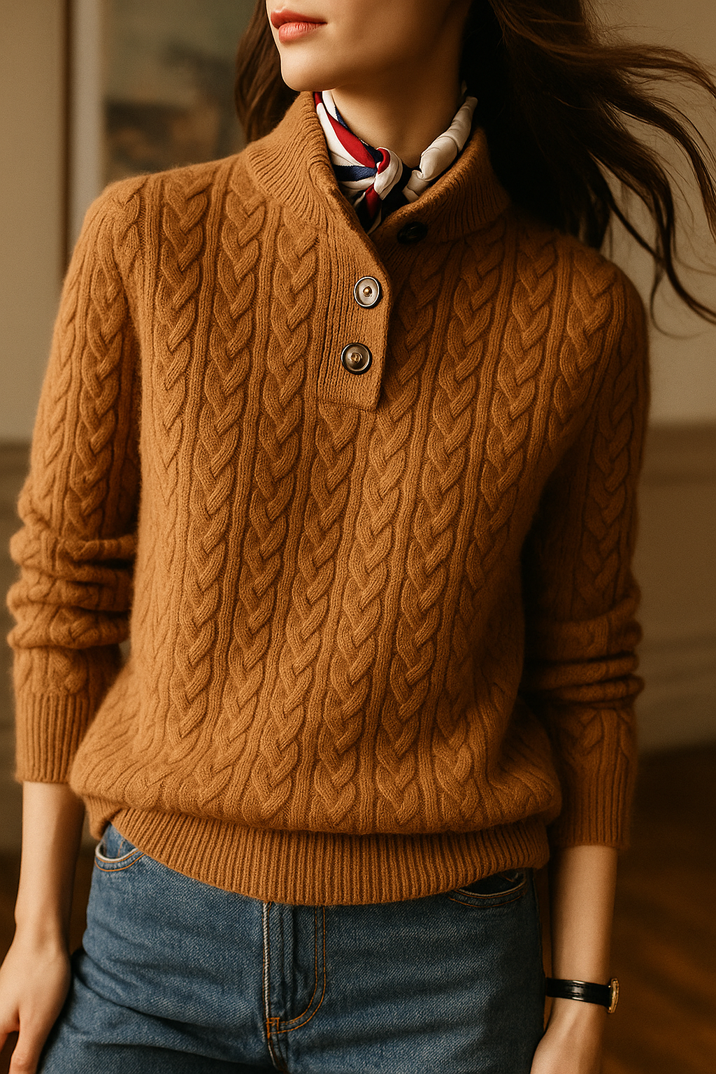Pull Tricoté Doux Femme avec Motif Torsadé et Détail Bouton
