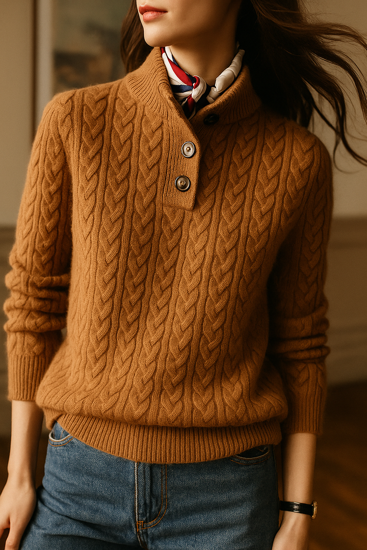 Pull Tricoté Doux Femme avec Motif Torsadé et Détail Bouton