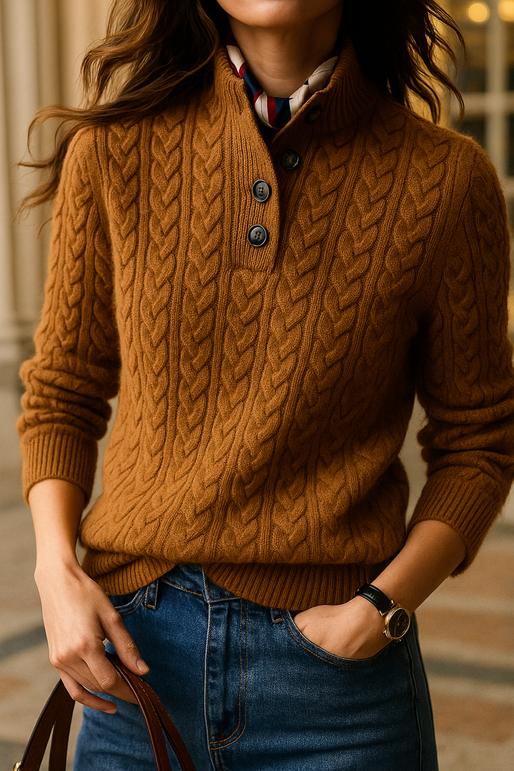 Pull Tricoté Doux Femme avec Motif Torsadé et Détail Bouton