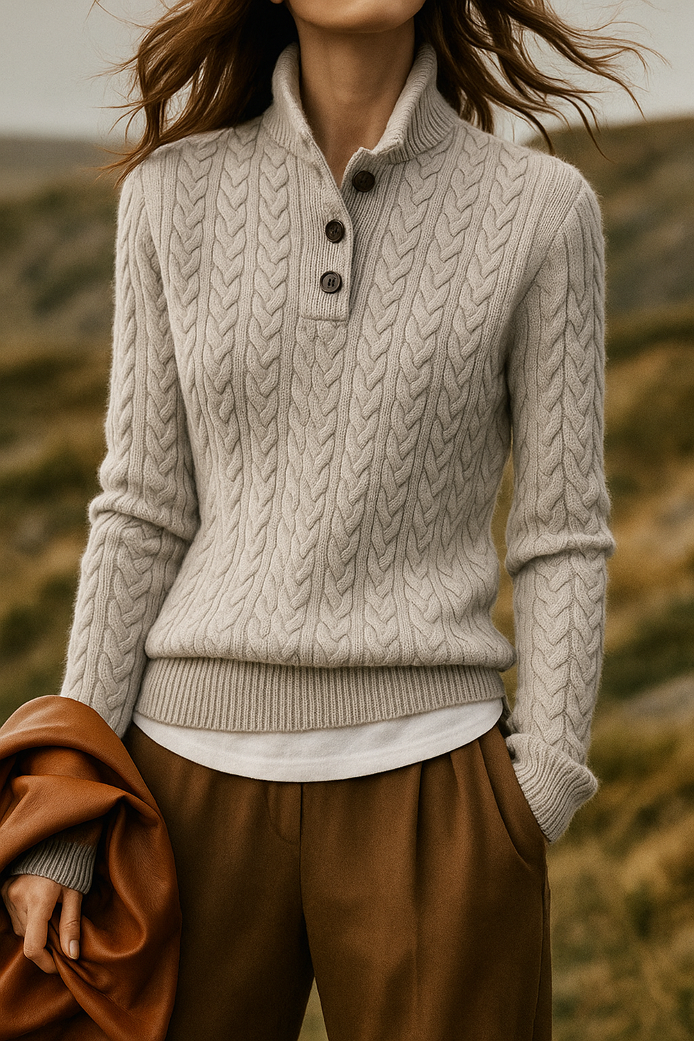 Pull Tricoté Doux Femme avec Motif Torsadé et Détail Bouton
