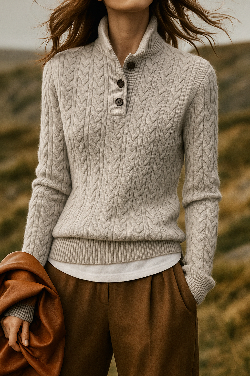 Pull Tricoté Doux Femme avec Motif Torsadé et Détail Bouton
