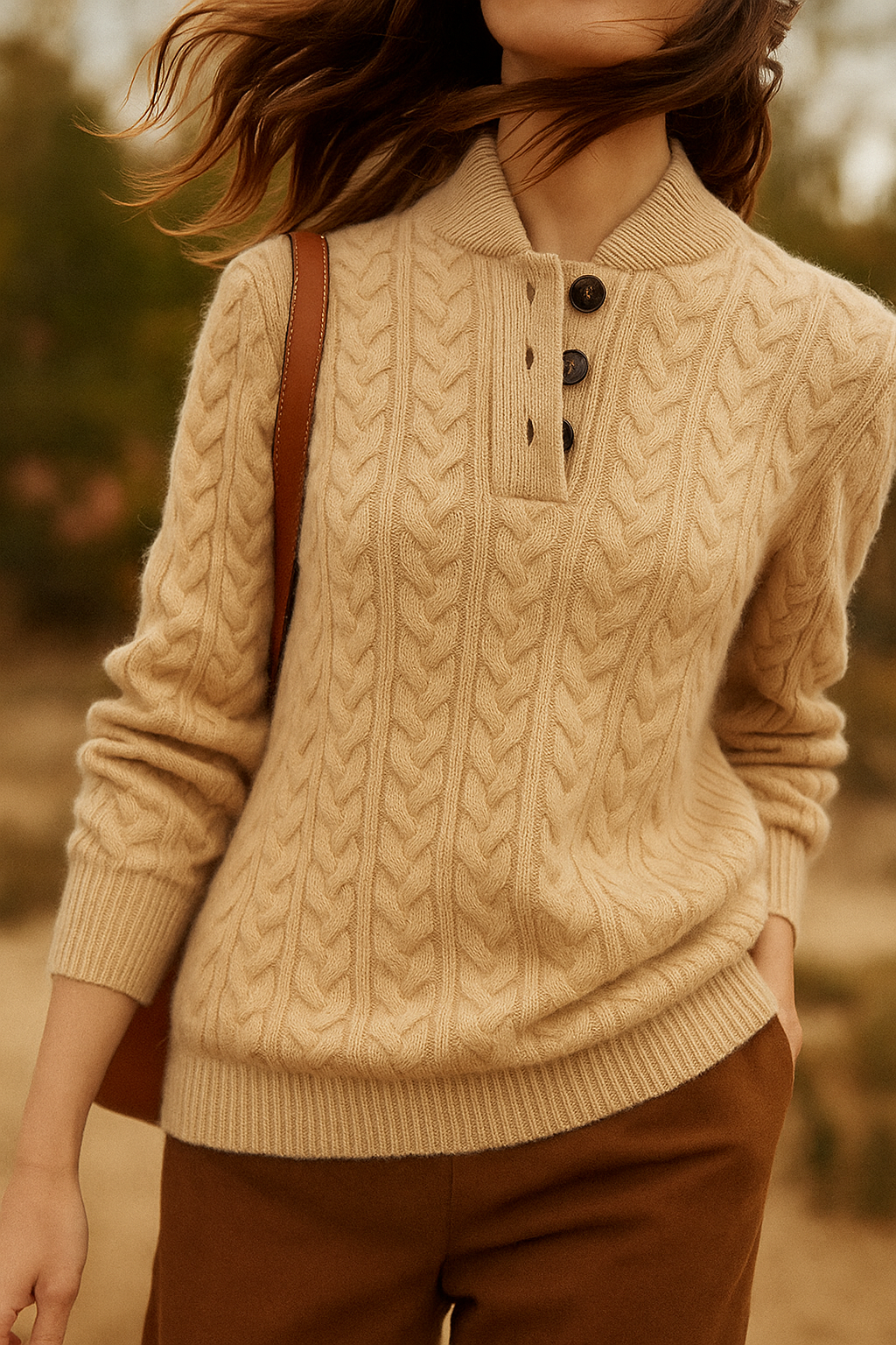 Pull Tricoté Doux Femme avec Motif Torsadé et Détail Bouton