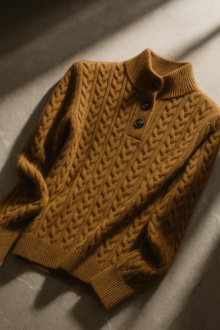 Pull Tricoté Doux Femme avec Motif Torsadé et Détail Bouton