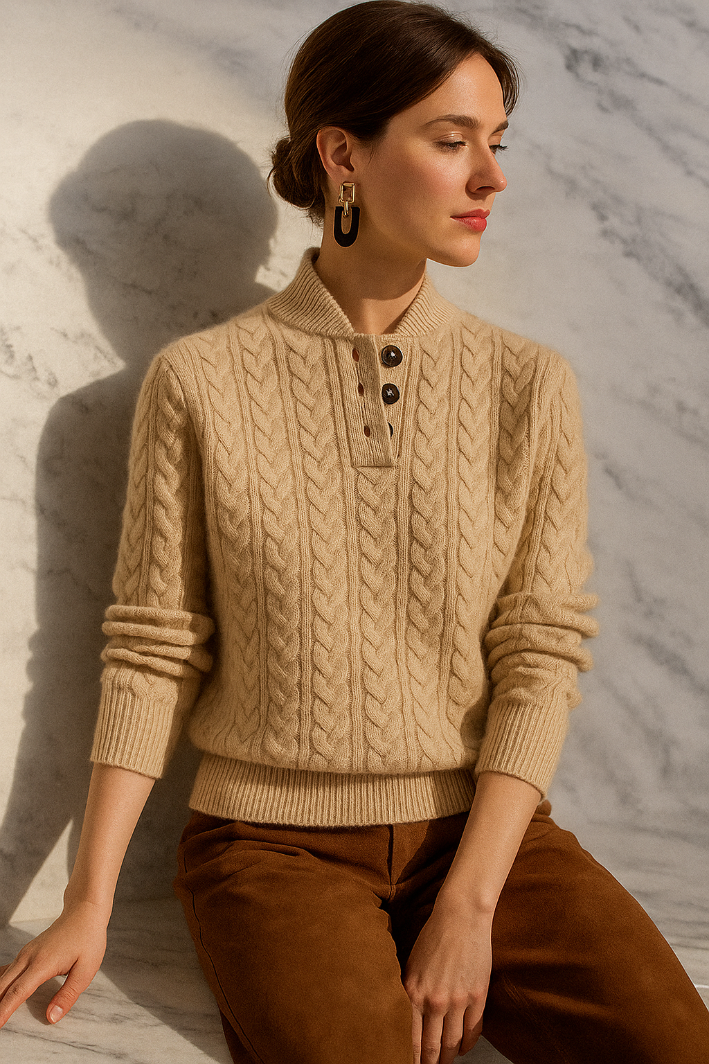 Pull Tricoté Doux Femme avec Motif Torsadé et Détail Bouton