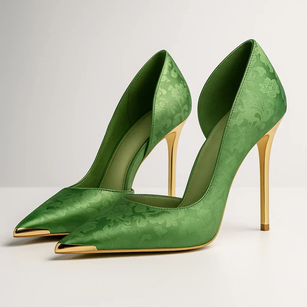 Sierlijke Satijnen Dames Pumps met Spitse Metalen Neus en Stiletto Hak