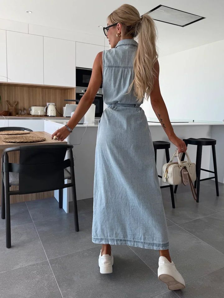 Stylish summer women's midi dress with denim look and slit