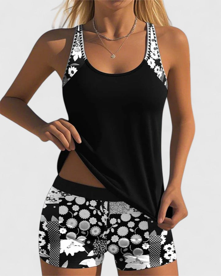 Damski zestaw tankini z topem bez rękawów i szortami w kwiatowy wzór