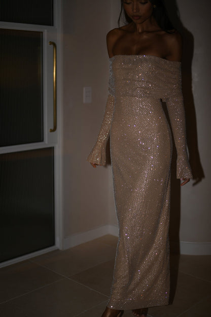 Tacy | Galajurk Strapless Glitter Jurk met Lange Mouwen