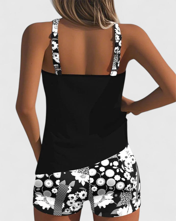 Damski zestaw tankini z topem bez rękawów i szortami w kwiatowy wzór