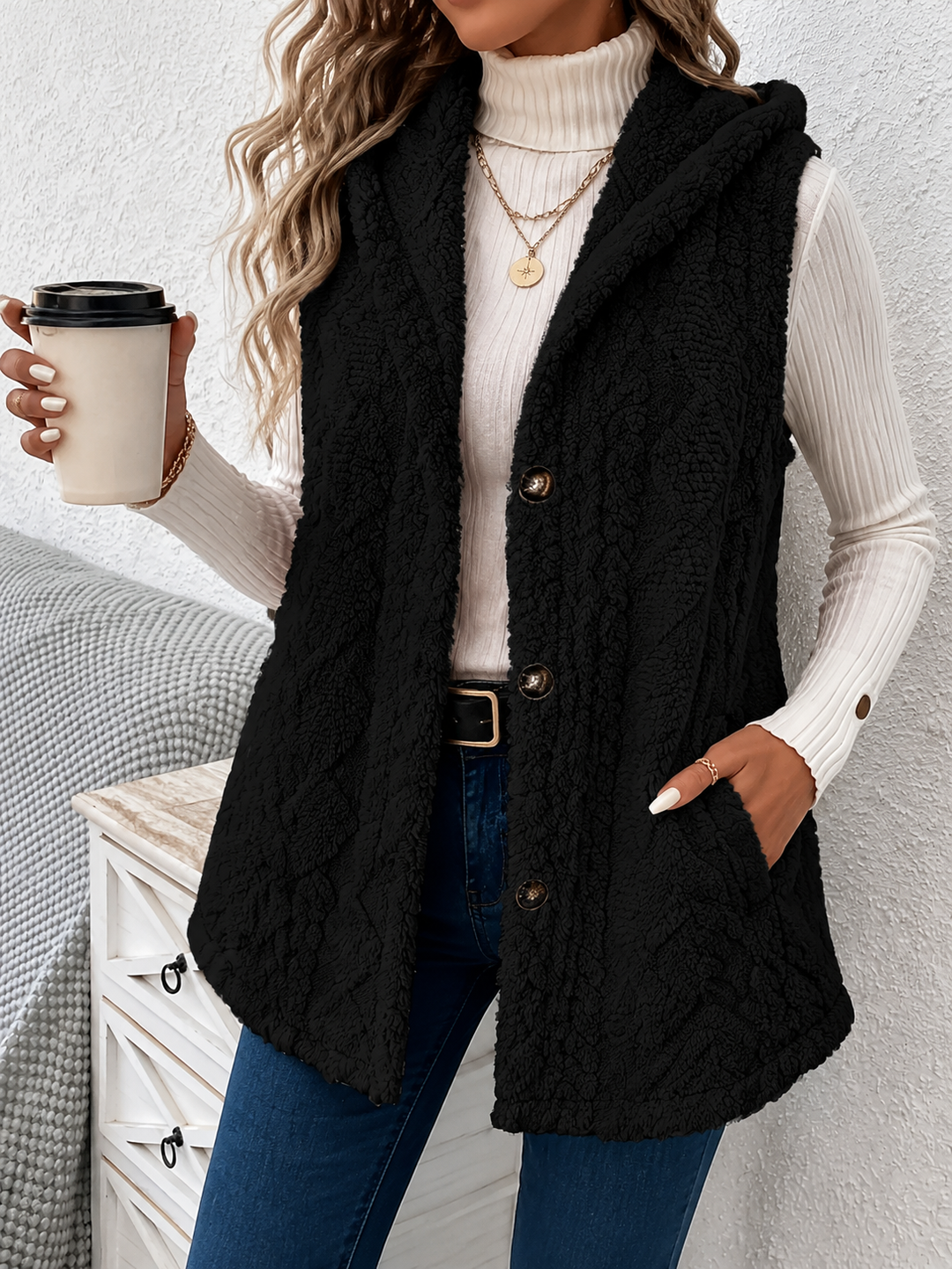 Sleeveless women's knitted vest with a cable-knit pattern and pockets