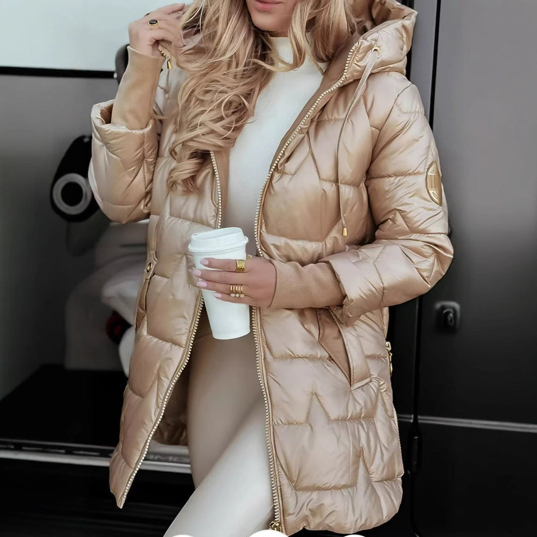Women's Warm Mid-Length Puffer Coat with Hood and Pockets