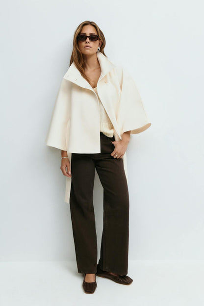 Elegante Chique Dames Mantel Jas met Ceintuur en Hoge Kraag
