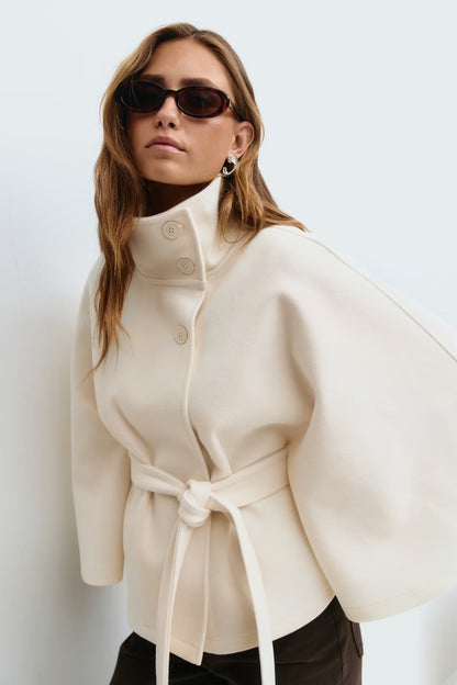 Elegante Chique Dames Mantel Jas met Ceintuur en Hoge Kraag