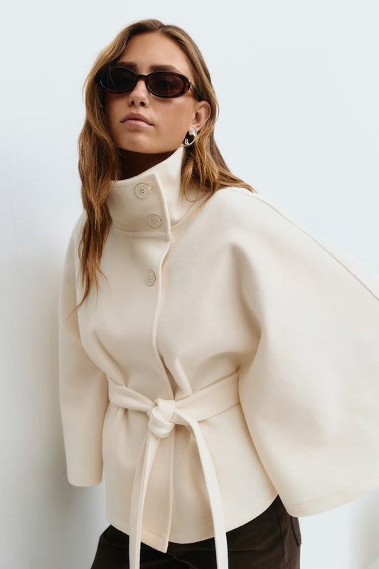 Elegante Chique Dames Mantel Jas met Ceintuur en Hoge Kraag