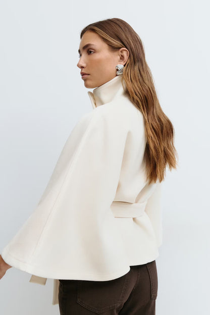 Elegante Chique Dames Mantel Jas met Ceintuur en Hoge Kraag