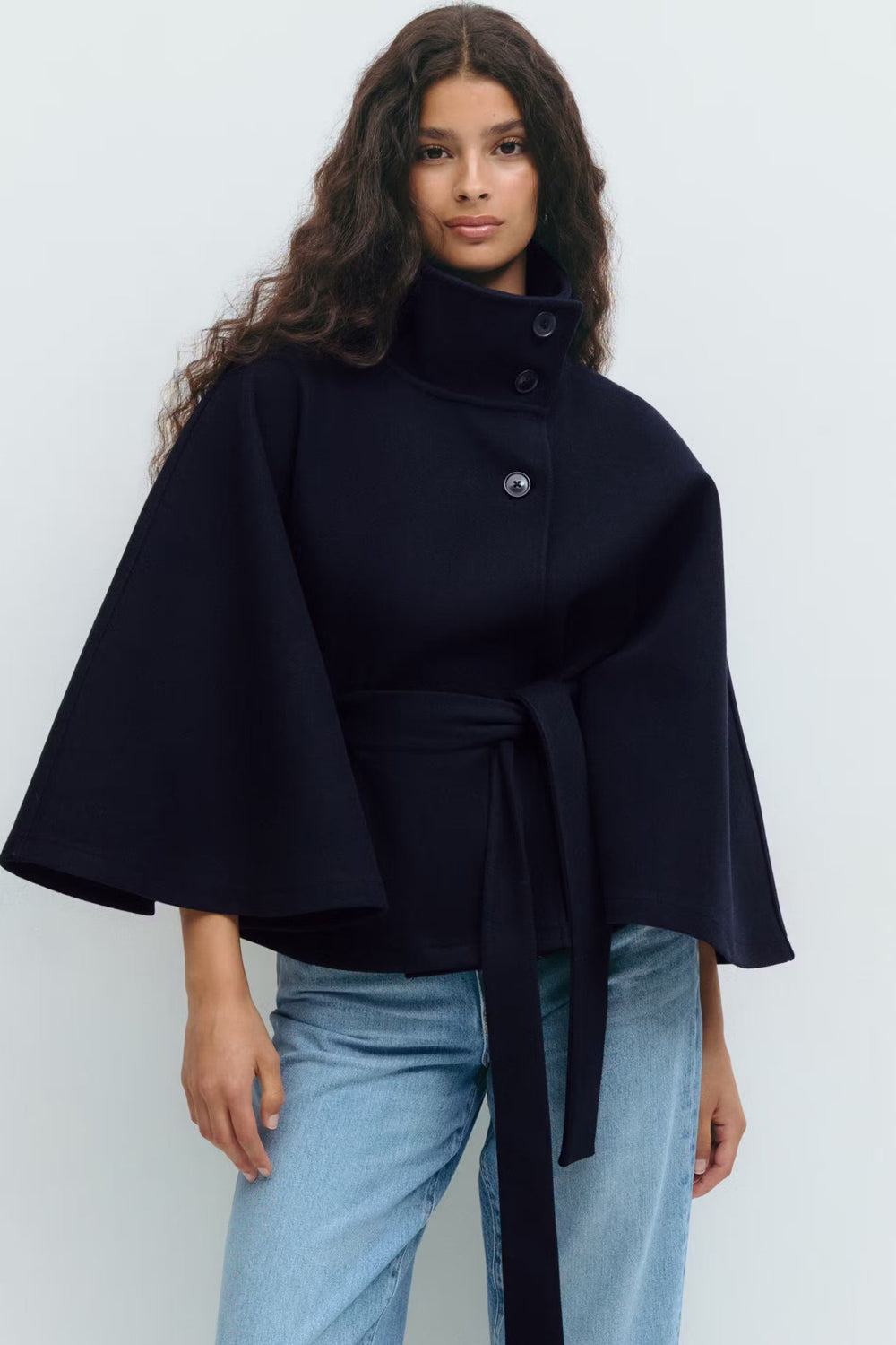 Elegante Chique Dames Mantel Jas met Ceintuur en Hoge Kraag