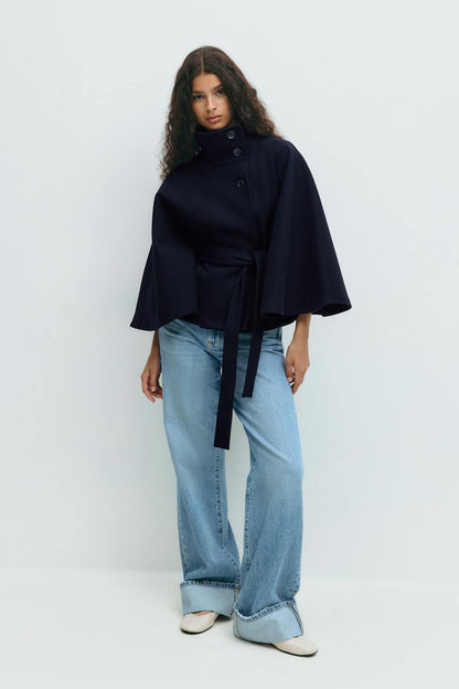 Elegante Chique Dames Mantel Jas met Ceintuur en Hoge Kraag
