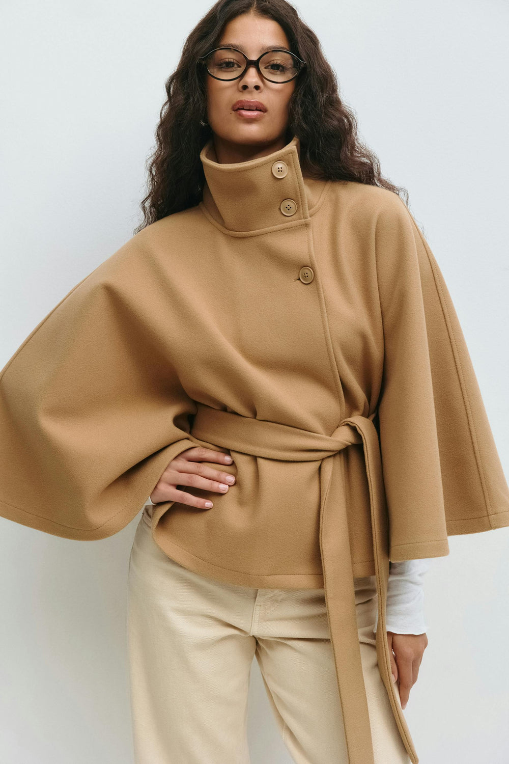 Elegante Chique Dames Mantel Jas met Ceintuur en Hoge Kraag