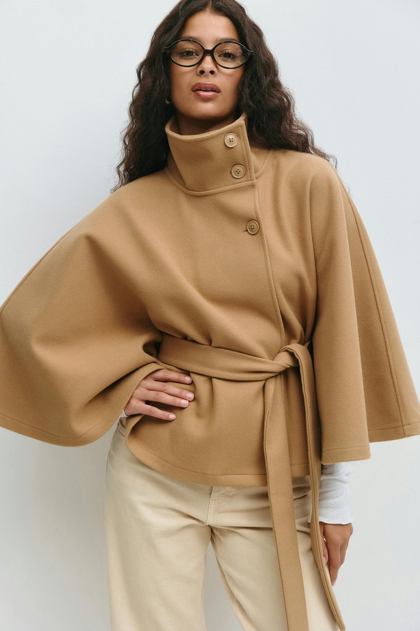 Elegante Chique Dames Mantel Jas met Ceintuur en Hoge Kraag