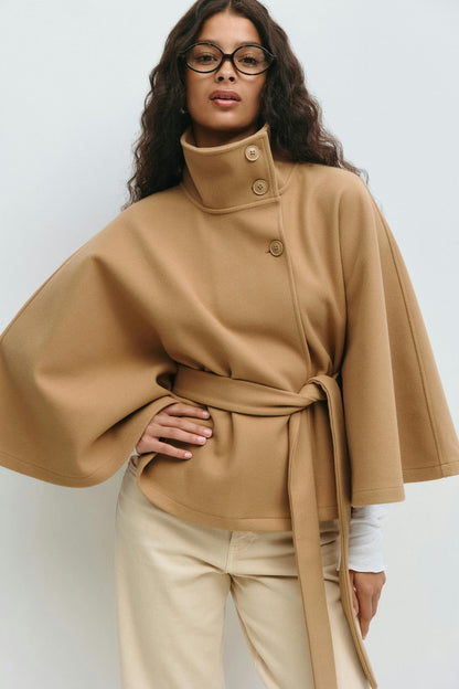 Elegante Chique Dames Mantel Jas met Ceintuur en Hoge Kraag