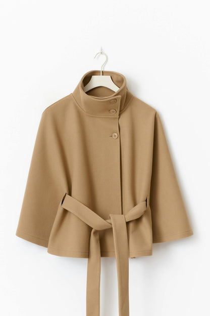 Elegante Chique Dames Mantel Jas met Ceintuur en Hoge Kraag