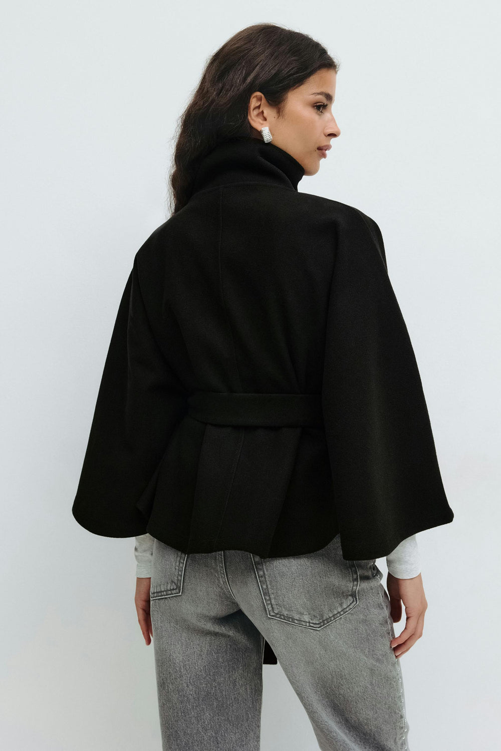 Elegante Chique Dames Mantel Jas met Ceintuur en Hoge Kraag