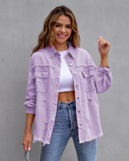 Denim dames jas met luchtige oversized pasvorm en rafelafwerking