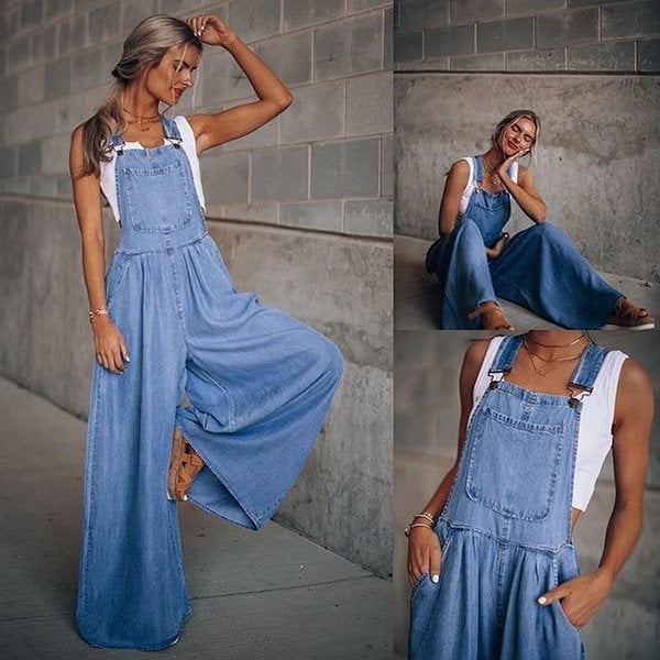 Casual Women's Denim Jumpsuit with Wide Legs and Straps