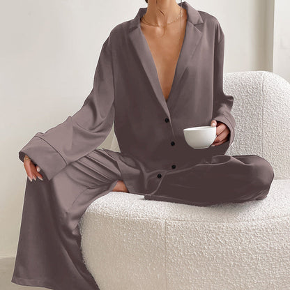 Luxe Dames Satijnen Pyjama Set Met Knopen En Wijde Broek
