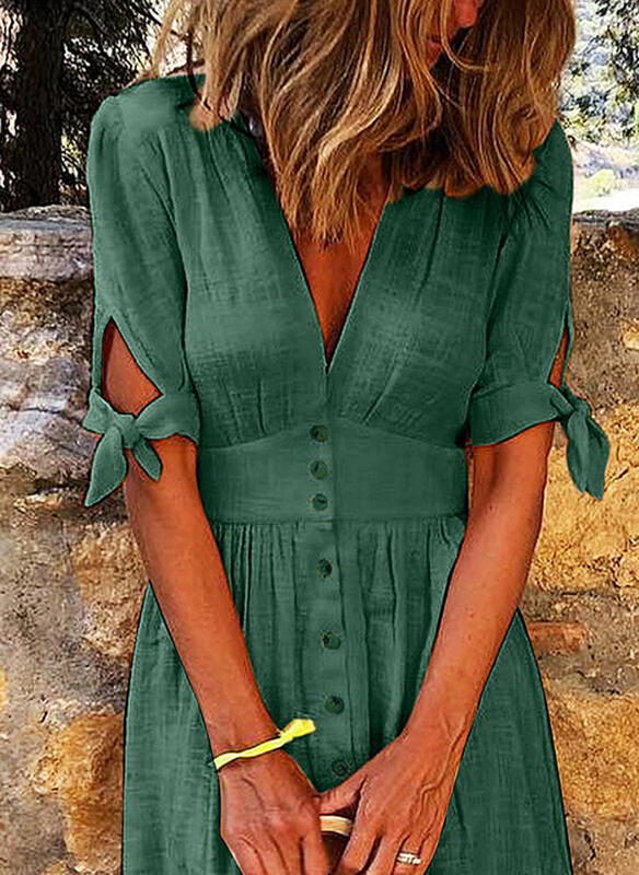 Zielona elegancka damska letnia sukienka midi z guzikami i dekoltem w serek