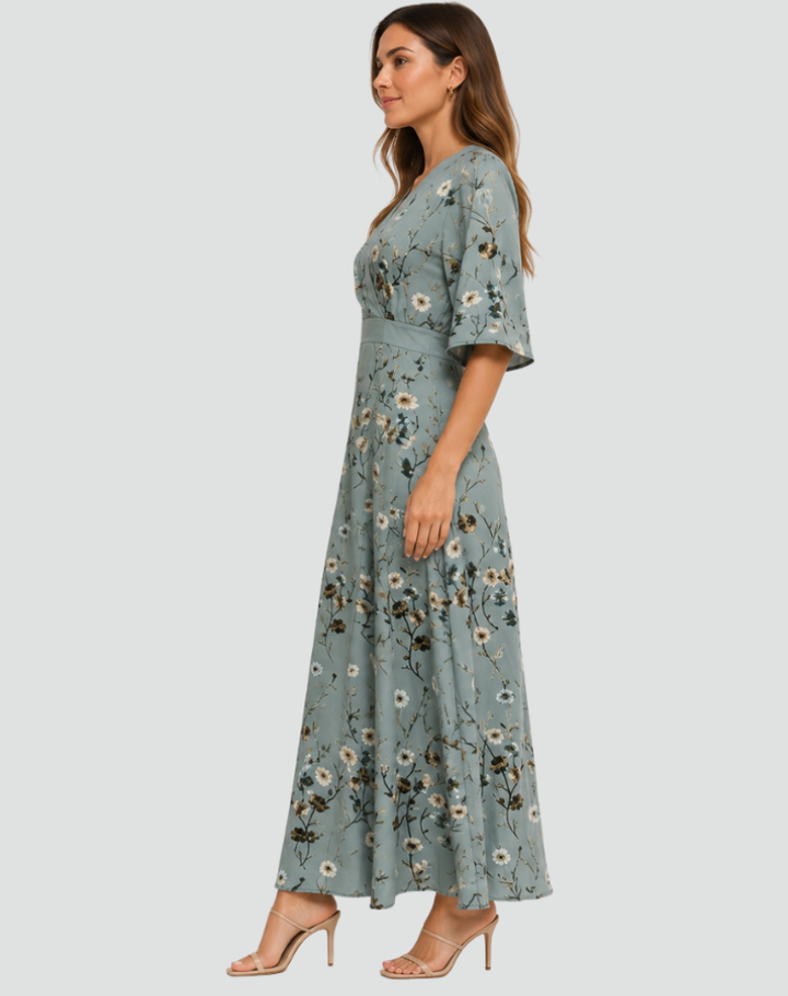 Elegant Party Maxi Dress for Women with Floral Print and V Neck