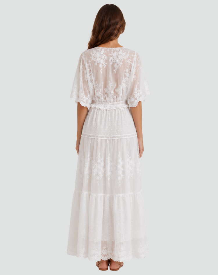 Elegante Zomerse Witte Boho Maxi Jurk Dames met Kant en Knopen