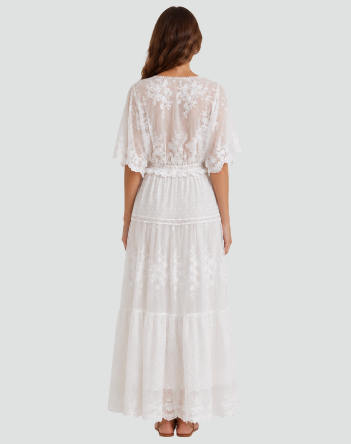 Elegante Zomerse Witte Boho Maxi Jurk Dames met Kant en Knopen