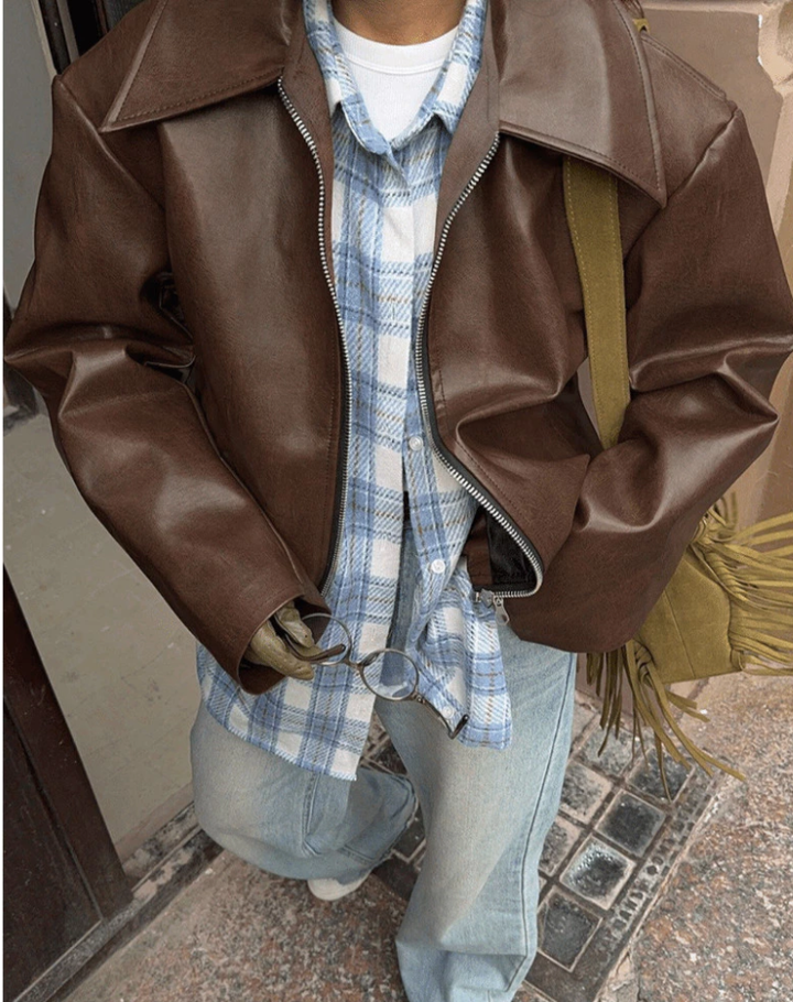 Stijlvol Oversized Dames Bomberjack van Leer met Rits en Klassieke Kraag