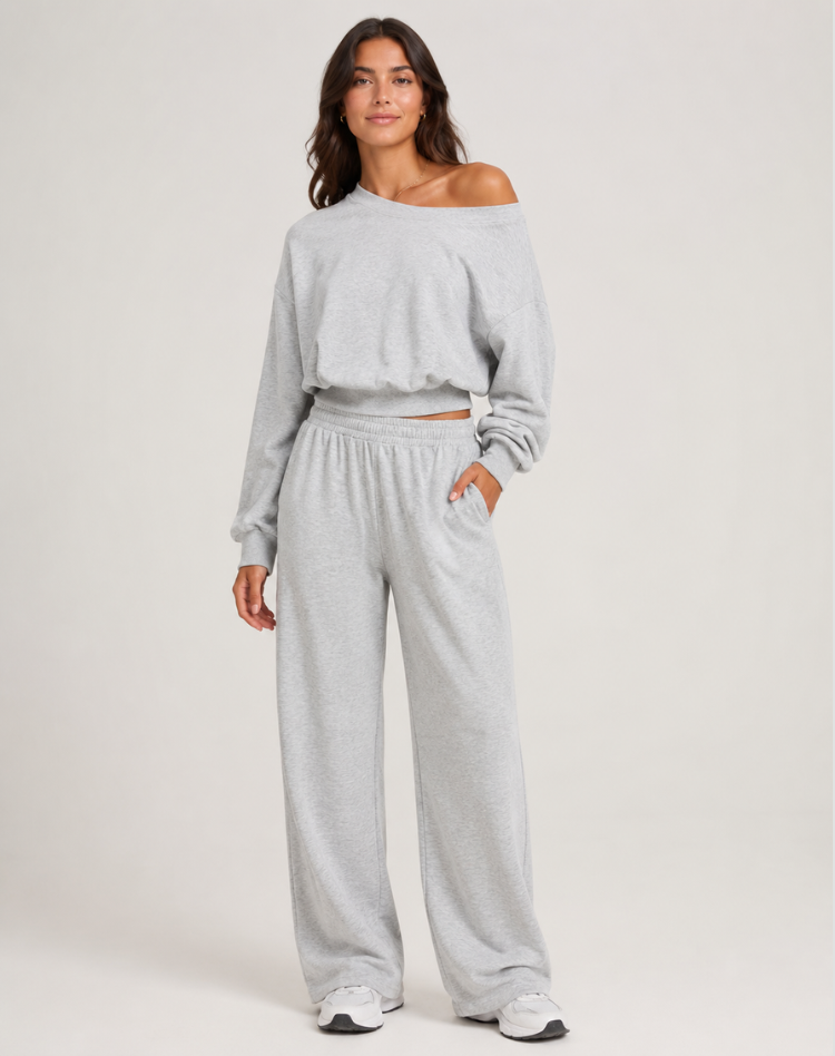 Trendy Dames Loungewear Set Met Off Shoulder Top En Wijde Pijpen