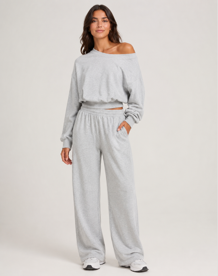 Trendy Dames Loungewear Set Met Off Shoulder Top En Wijde Pijpen