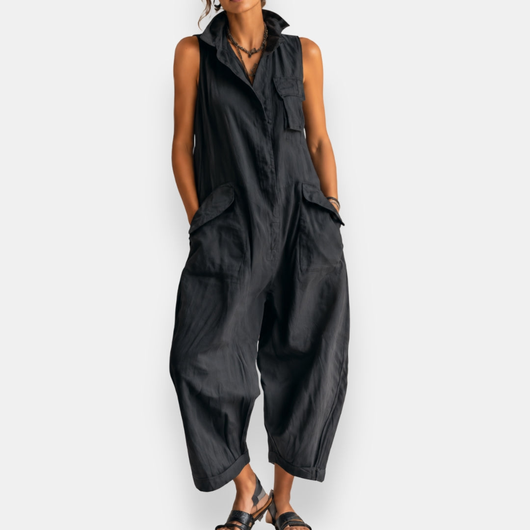 Dames Cargo Jumpsuit Zonder Mouwen met Verfijnde Kraag