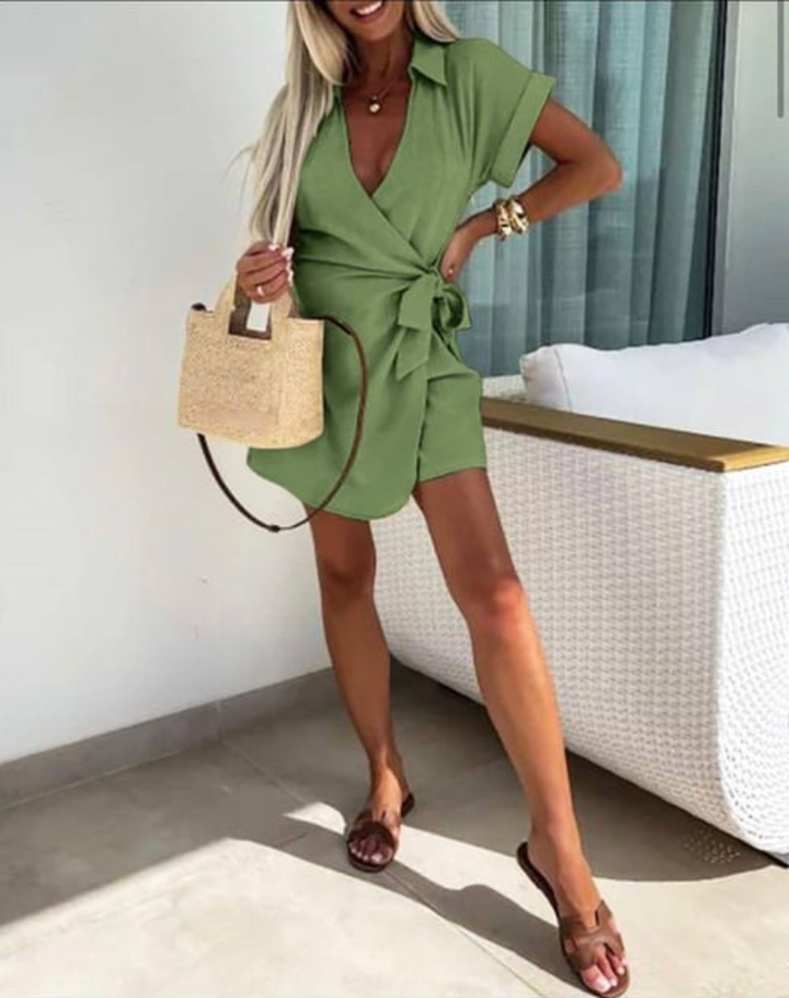 Summer Women’s Playsuit with Wrap Closure and Short Sleeves