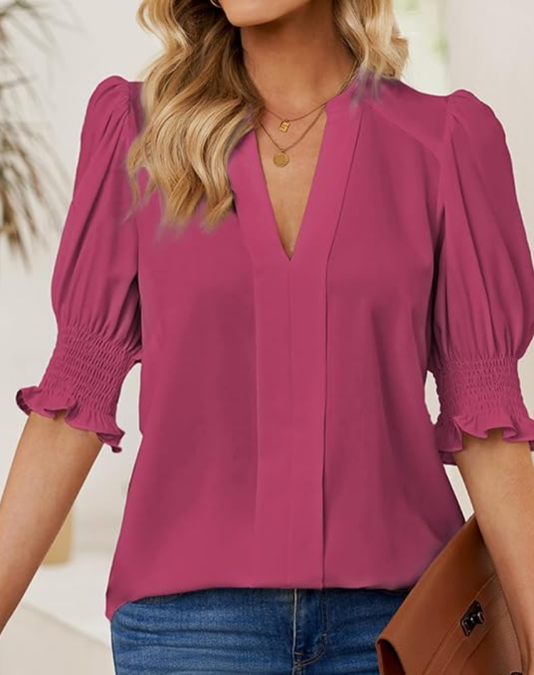 Chiffon Blouse with V-neck and Short Sleeves for Women