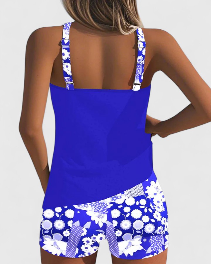 Damski zestaw tankini z topem bez rękawów i szortami w kwiatowy wzór