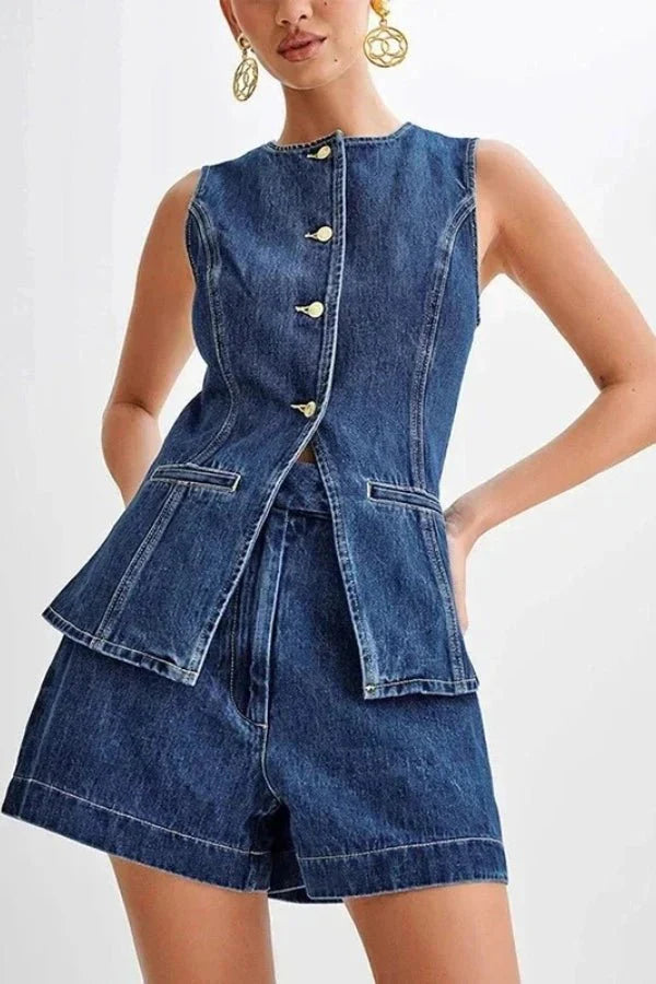 Stylowy zestaw dżinsowy damski z bezrękawnikiem i szortami