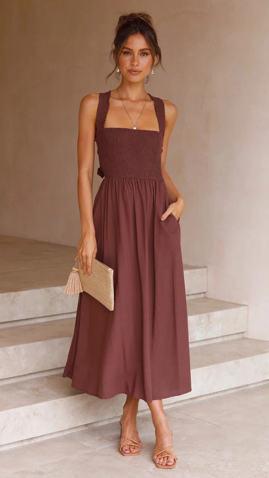 Agnelia | Smocked Midi Dress met Strikdetail