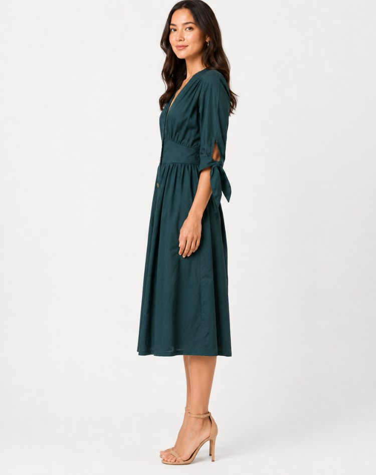 Groen Elegante Dames Zomer Midi Jurk Met Knopen En V Hals