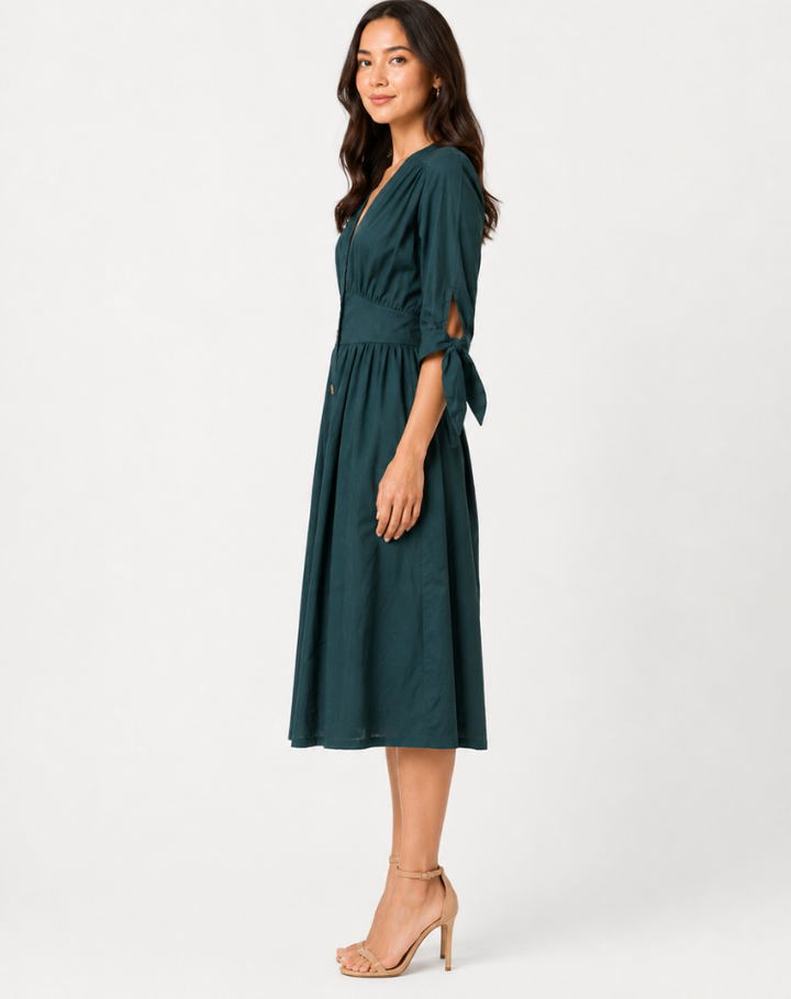 Groen Elegante Dames Zomer Midi Jurk Met Knopen En V Hals