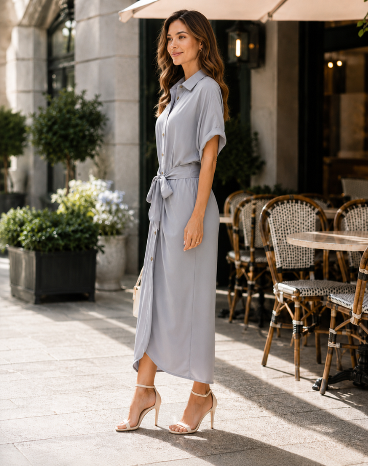 Chique Dames Overhemdjurk Midi met Taille Strik en Knoopsluiting