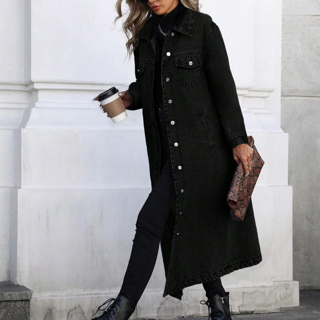 Veste en jean oversize longue pour femme avec fermeture à boutons et poches