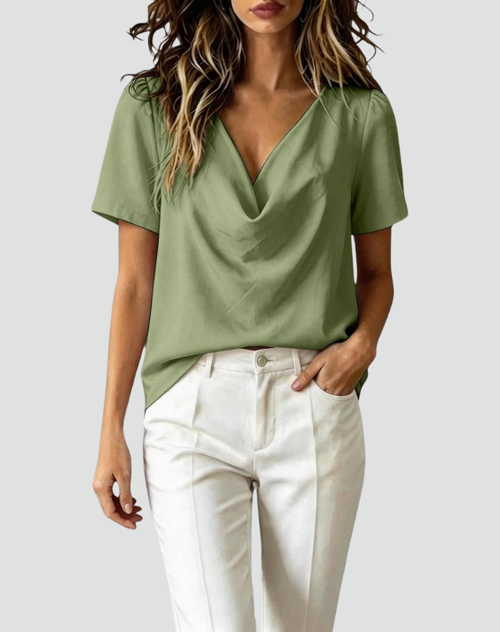 Chiffon Blouse with V-neck and Short Sleeves for Women