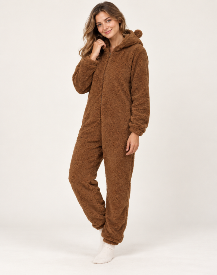 Stijlvolle Winterse Fleece Onesie met Capuchon en Rits voor Vrouwen